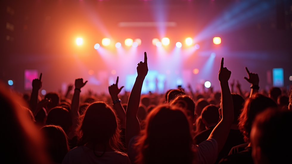 Wide angle view of a cheering crowd at a concert
