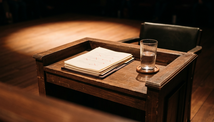 Close-up view of courtroom papers and a wooden witness stand under stage light.