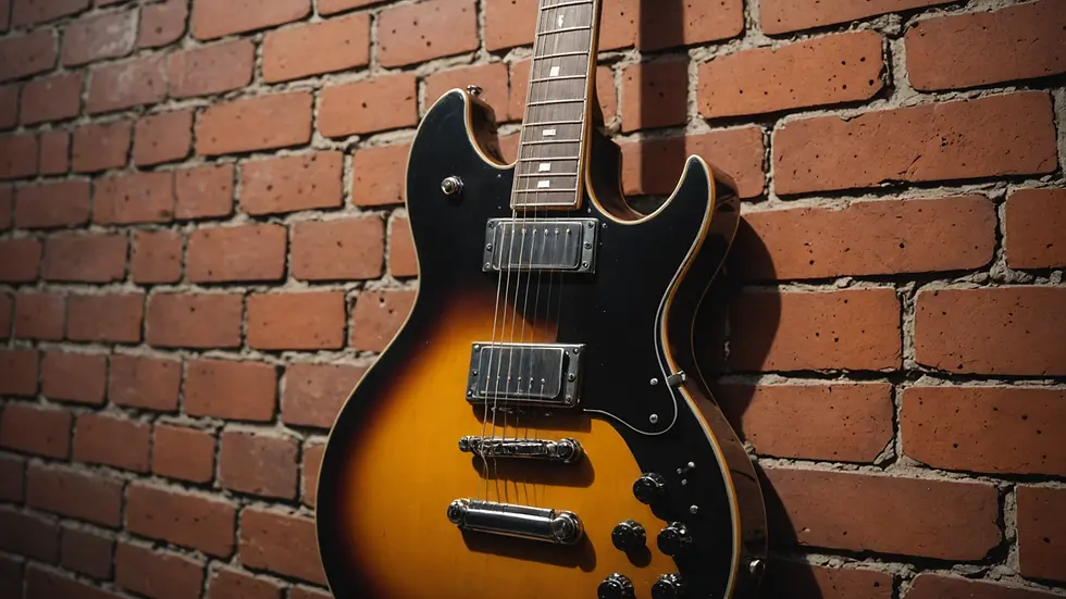 Close-up view of a heavy metal guitar resting against a wall