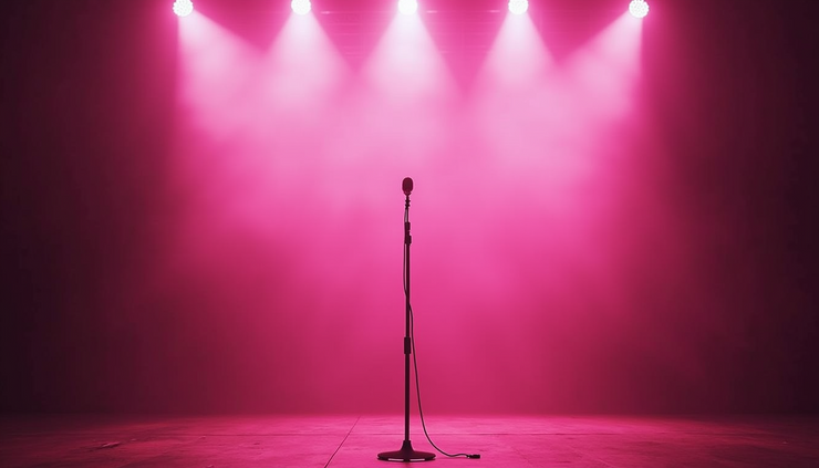 Eye-level view of a concert stage with soft pink lighting and a microphone stand