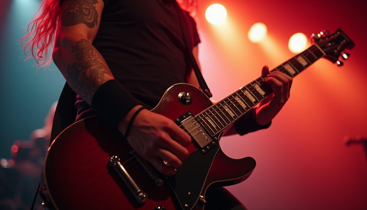 Close-up view of a heavy metal guitar on stage during a live performance