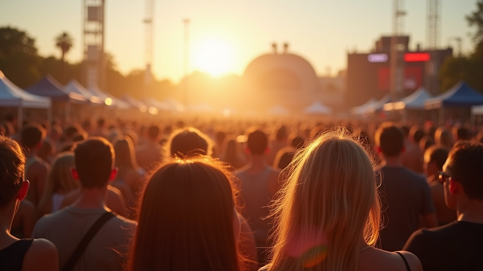 High angle view of a sunlit music festival crowd