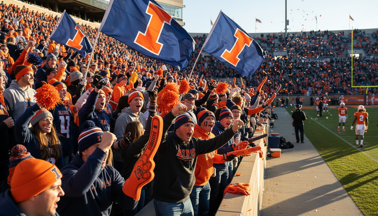 Eye-level view of fans in orange and blue cheering inside a college football stadium.