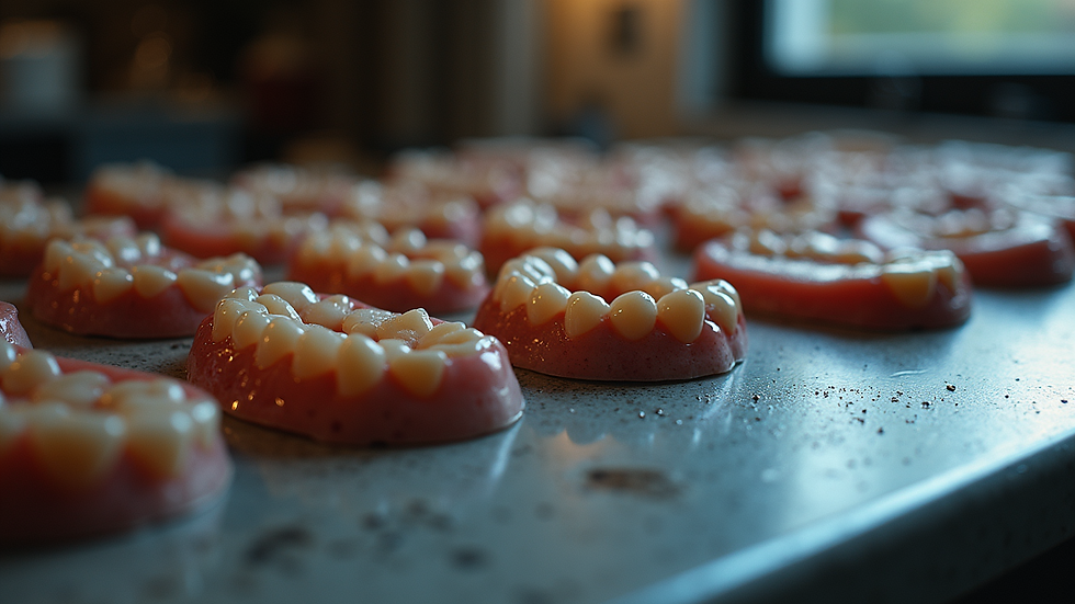 Eye-level view of a collection of flashy grillz displayed on a surface