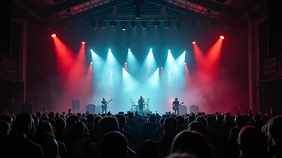 Eye-level view of a concert stage prepared for an Ice Nine Kills performance