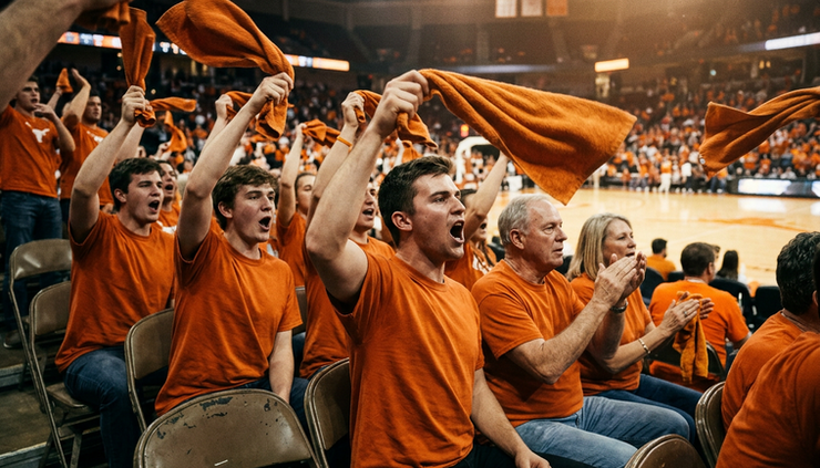Close-up view of fans in orange waving towels during a college basketball game.