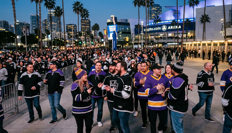 Wide-angle view of hockey fans gathering outside a Los Angeles arena before a Kings game.