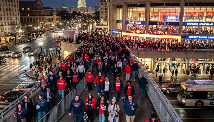 High-angle view of fans entering a Washington basketball arena on game night