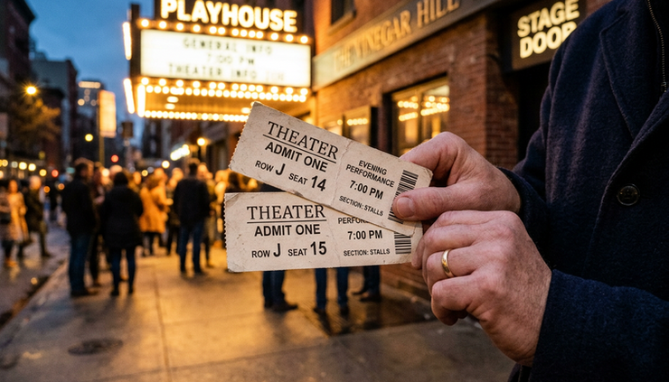 Close-up view of paper theater tickets held outside a New York playhouse