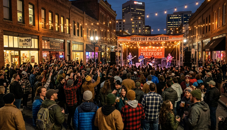 Wide-angle view of a nighttime outdoor music crowd in downtown Boise.
