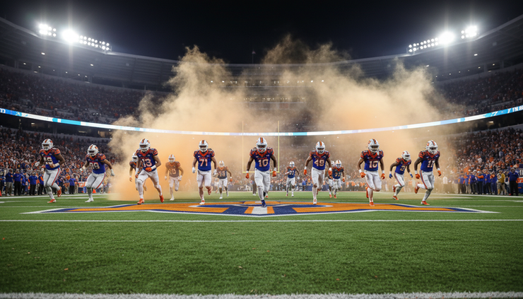 Low-angle view of players running onto a football field through orange smoke.