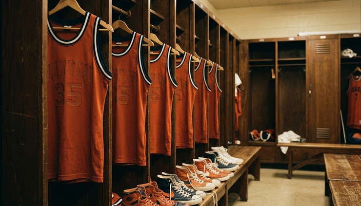 Eye-level view of vintage orange basketball jerseys hanging in a locker room.