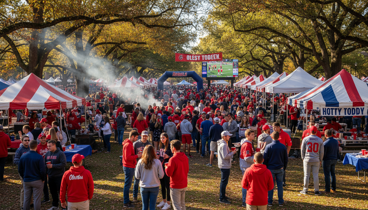 Wide-angle view of fans walking through the Grove before an Ole Miss football game