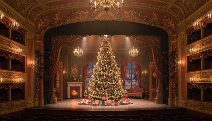 Wide-angle view of a grand ballet stage prepared for a winter holiday performance