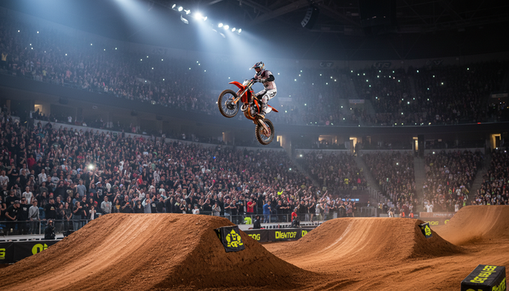 Wide-angle view of a freestyle motocross rider soaring above a large ramp inside an arena.
