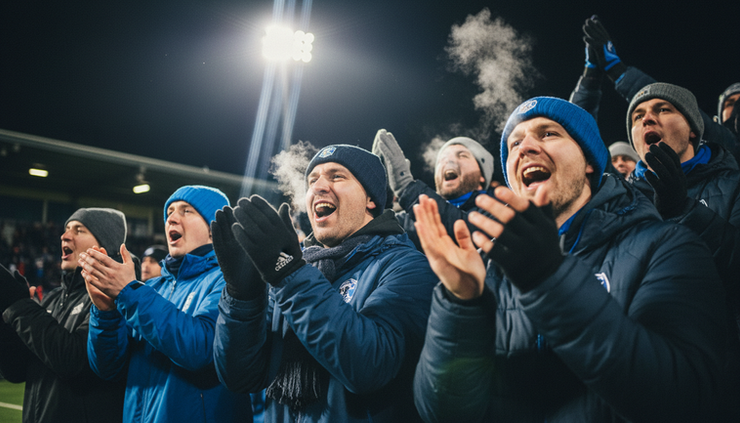 Close-up view of fans in blue winter gear clapping during a night football game