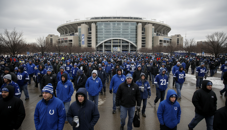 Wide-angle view of Colts fans walking toward an indoor football stadium on game day.