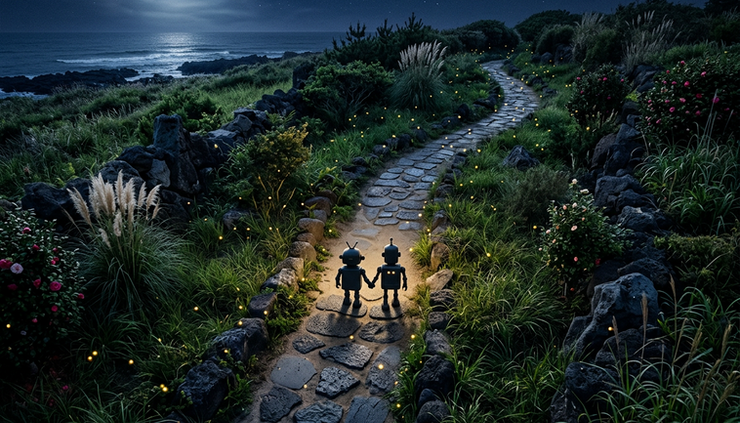 Overhead view of a moonlit island path with tiny firefly lights near two robot silhouettes