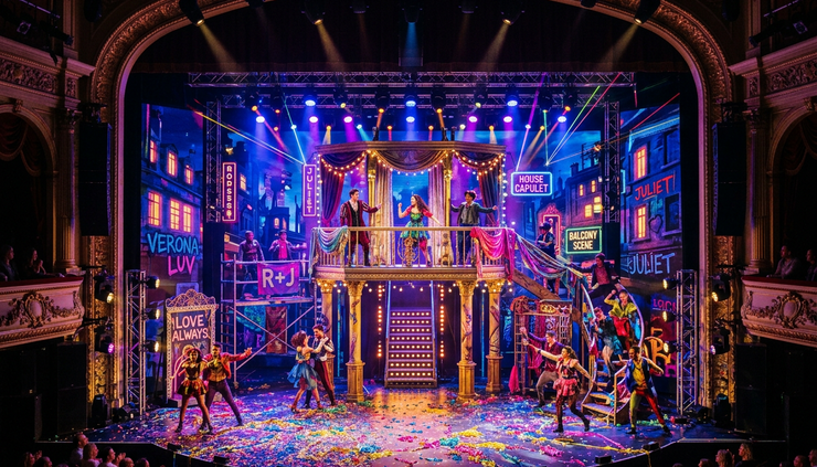 Wide-angle view of a bright theater stage inspired by a pop musical retelling of Juliet.