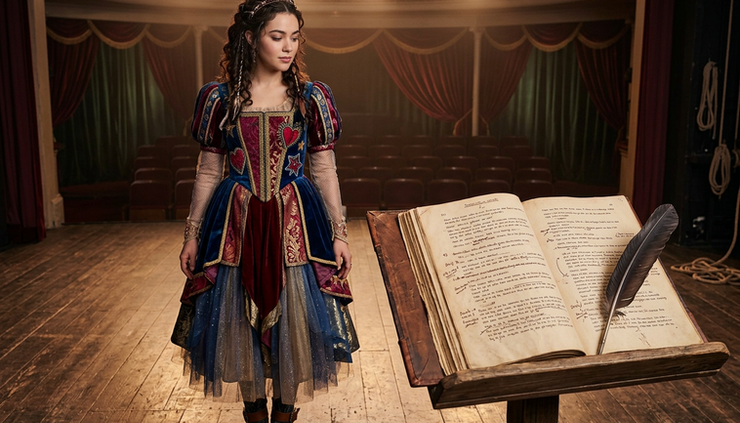 Eye-level view of a Juliet-inspired character standing beside an open script with rewritten pages.