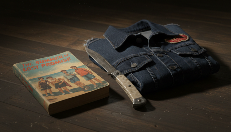 Close-up view of a worn paperback book beside a switchblade prop and a folded denim jacket.