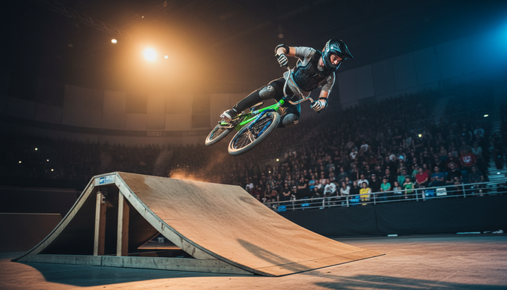 Low-angle view of a BMX rider spinning above a wooden launch ramp under bright arena lights.