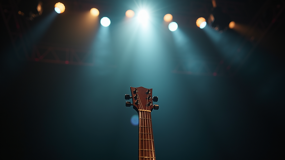 Close-up view of a guitar resting on a stage with a spotlight