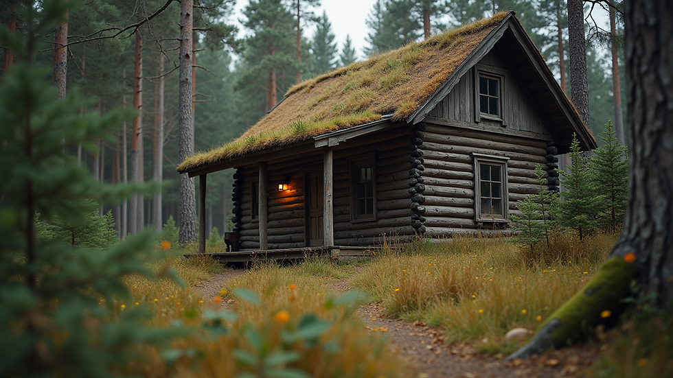 Close-up view of a rustic wooden cabin in the woods