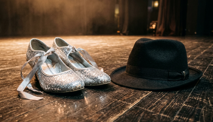 Close-up view of silver dance shoes beside a black fedora under a warm spotlight.