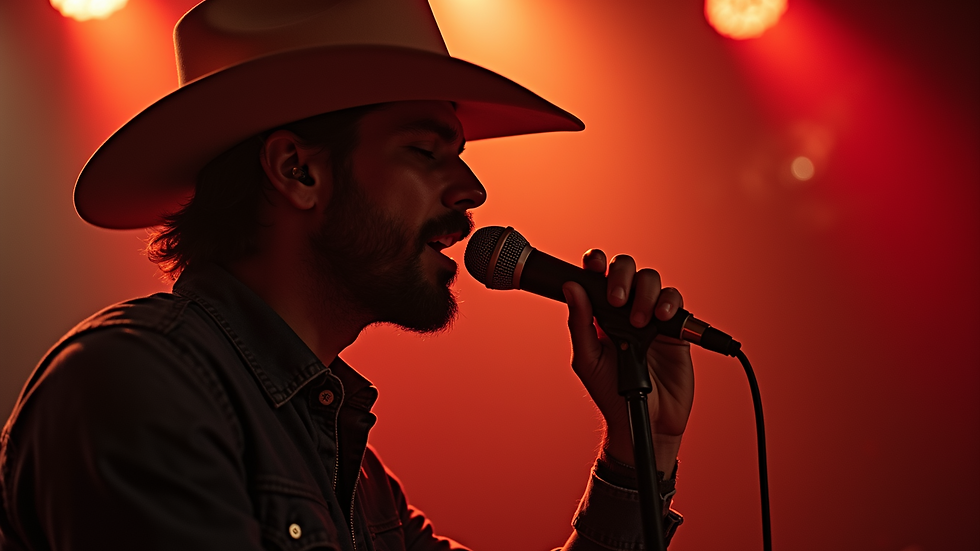 Close-up view of a country singer performing live on stage