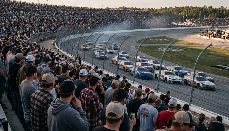 Eye-level view of fans watching a stock car pack from Talladega grandstands.