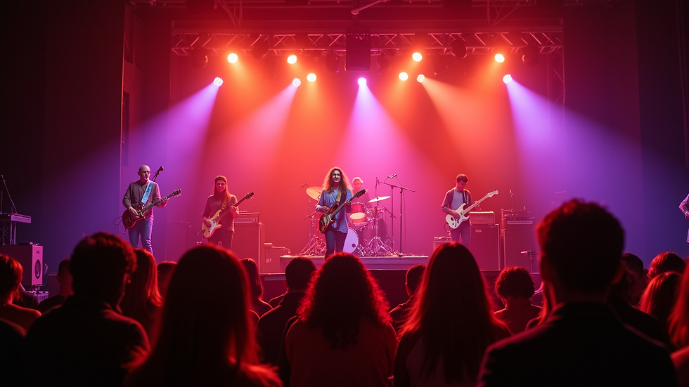 Close-up view of the Tacoma concert stage adorned with instruments and vibrant lighting, ready for Sierra Ferrell.