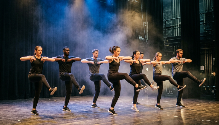 Eye-level view of dancers rehearsing sharp synchronized steps on a smoky stage.