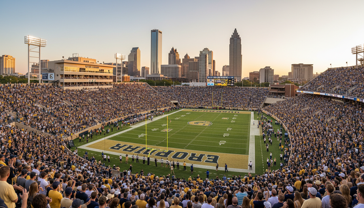 Wide-angle view of Bobby Dodd Stadium during a Georgia Tech football game.