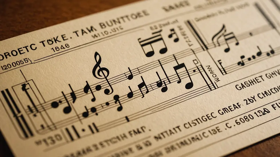 Close-up view of a ticket with a design featuring music notes