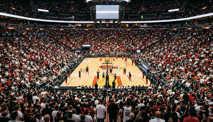 Wide-angle view of a packed basketball arena in Miami colors before tipoff