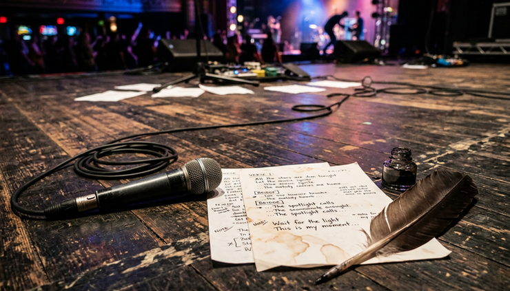 Close-up of a stage microphone near a feather quill and scattered lyric sheets.