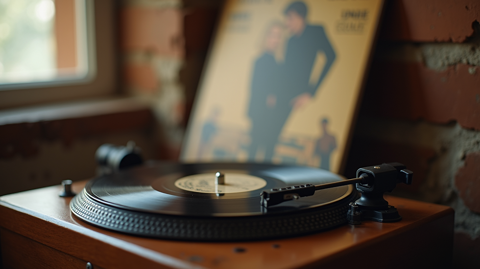 Eye-level view of a vintage vinyl record player with a Badu album