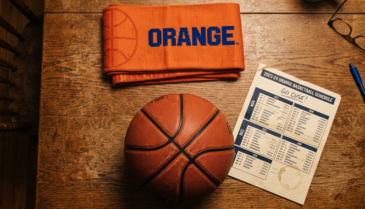 Overhead view of a basketball, scarf, and printed schedule on a wooden table.