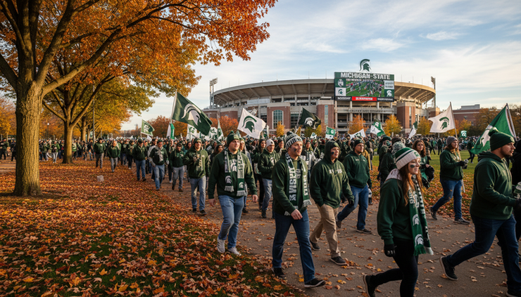 Eye-level view of Michigan State football fans walking toward the stadium before kickoff.