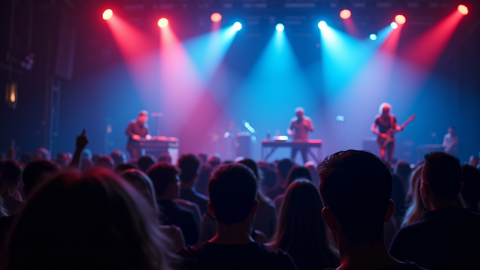 Close-up view of stage lighting illuminating the band during a concert