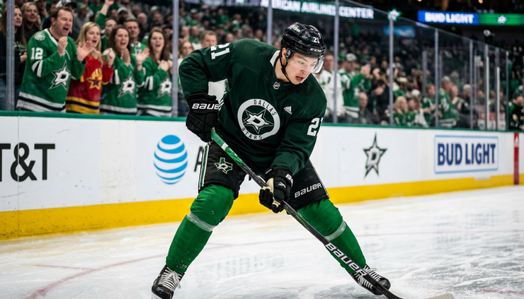 Close-up view of a Dallas Stars forward preparing for a shot during warmups