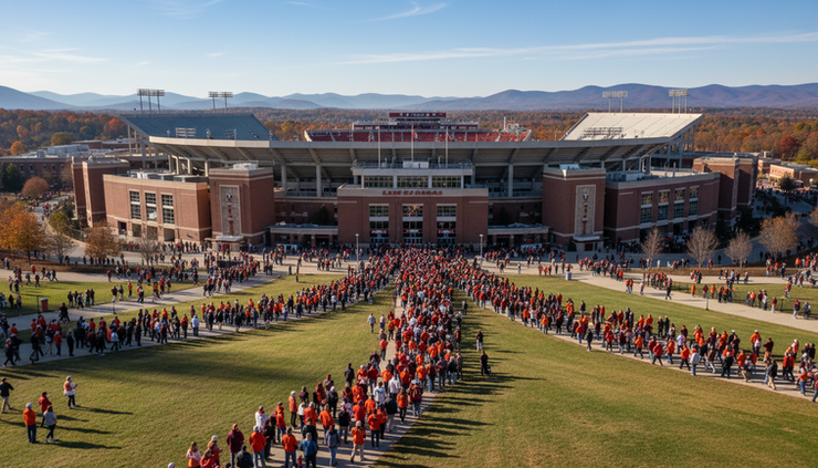 Wide-angle view of Lane Stadium on a fall afternoon before a Virginia Tech football game