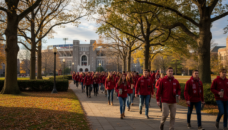 Eye-level view of fans in cardinal red walking toward a rivalry football game.
