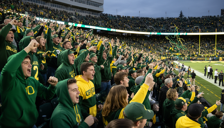 Eye-level view of Oregon fans celebrating a touchdown in green and yellow
