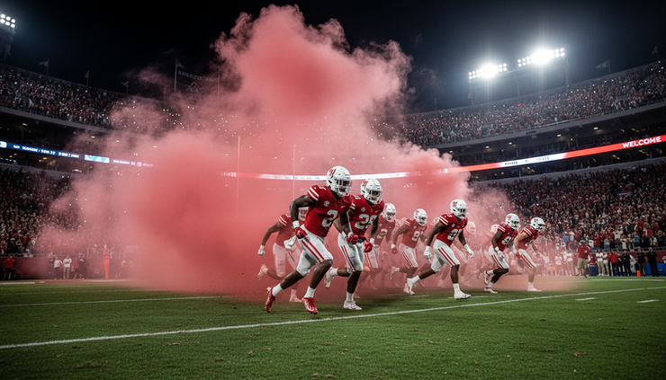 Low-angle view of football players running onto a field through red smoke before a night game.