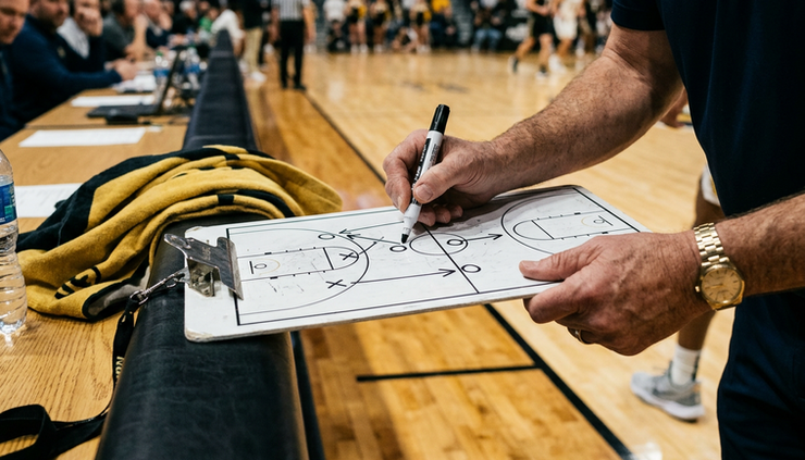 Close-up view of a college basketball coach drawing a play on a clipboard courtside.