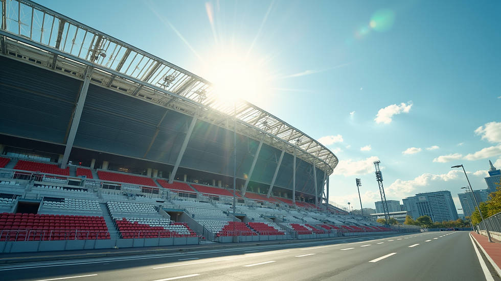 Wide angle view of Nissan Stadium exterior on a sunny day