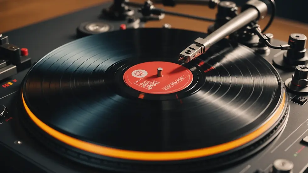 Close-up view of a vinyl record spinning on a turntable