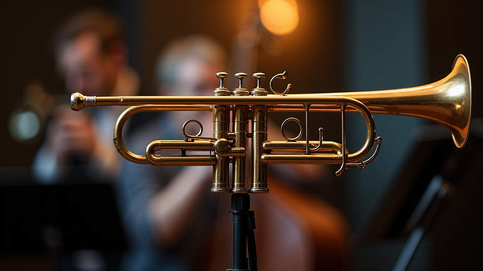 Close-up view of a trumpet resting on a music stand